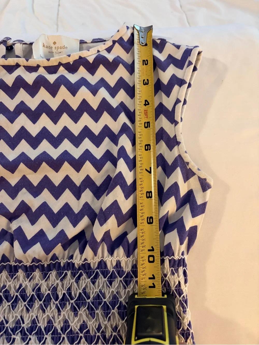 kate spade Blue and White Chevron Smocked Midi Dress with Cap Sleeves